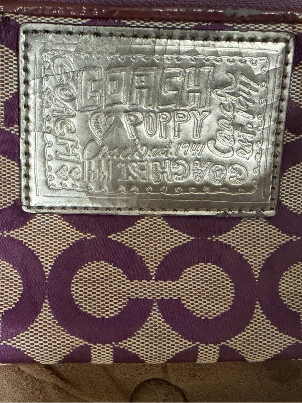 Coach Poppy Signature Crossbody in Purple and Tan with Silver Patch